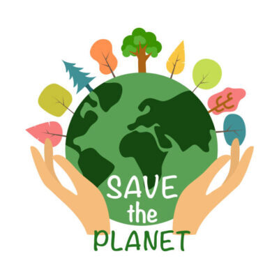 Hand holding earth planet with trees growing in flat design. Save the planet concept. Save our environment.